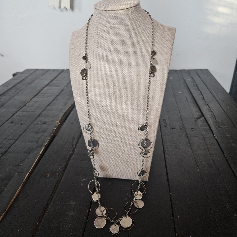 American Eagle Silver and Gold Hammered Circle Necklace Long Layering Jewelry